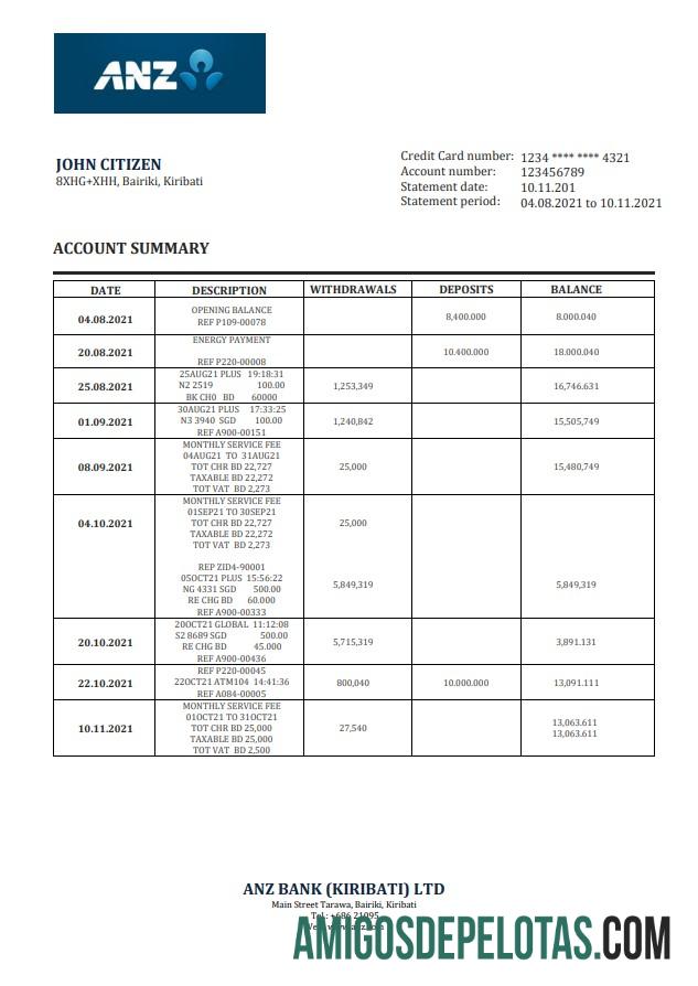 Kiribati ANZ extrato bancário amostra